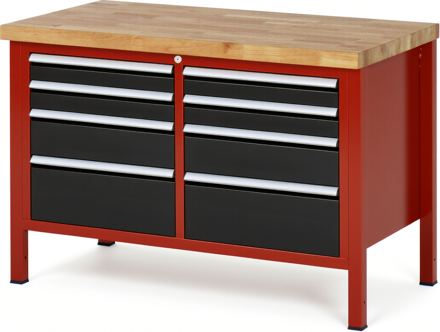 Werkbank Modell 8478 rot - schwarz, BxTxH 1250x700x840-1040 mm,  Buche-Massiv Arbeitsplatte 40 mm,  8 Schubladen mit  Auszug 90 %