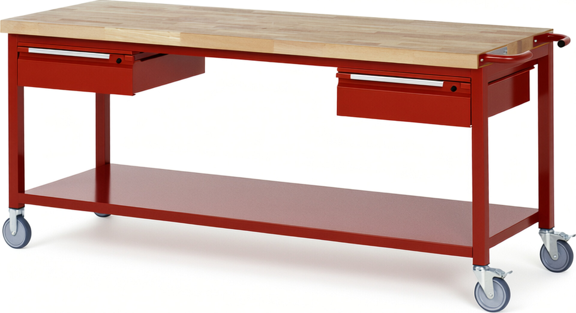 Fahrbare Werkbank - Modell 8002 BASIC rot, BxTxH 2000x700x880 mm,  Buche-Massiv Arbeitsplatte 40 mm,  2 Schubladen mit  Auszug 90 %