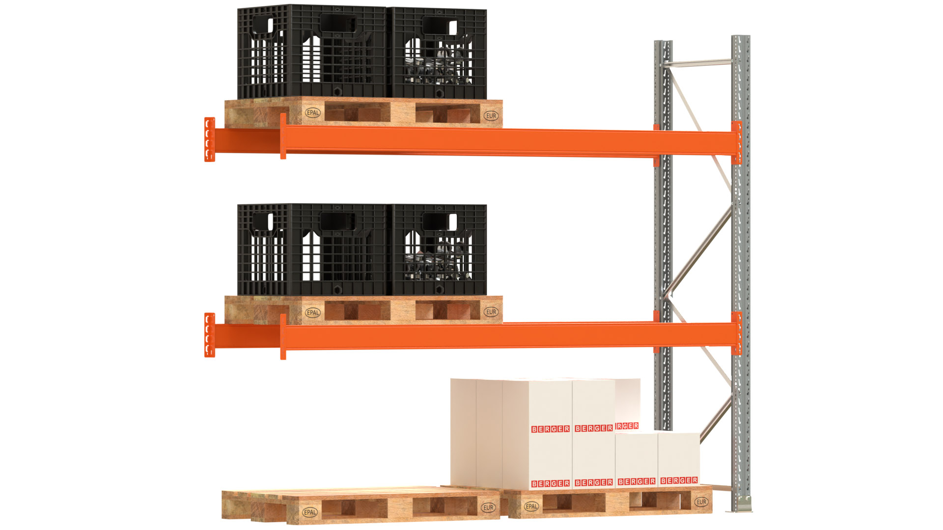 Palettenregal ARTUS - Anbaufeld - Breite 278,5 cm - Höhe 250 cm - Tiefe 80 cm - 2 Träger Ebenen