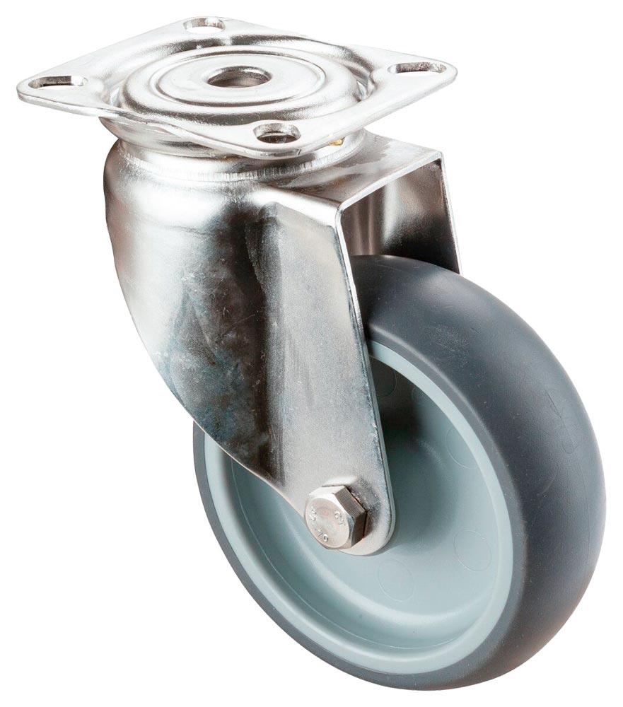 Edelstahl-Apparate-Lenkrolle, thermopl. Gummi grau, Durchm. 100 mm, Traglast 100 kg, Gleitlager, Anschraubplatte