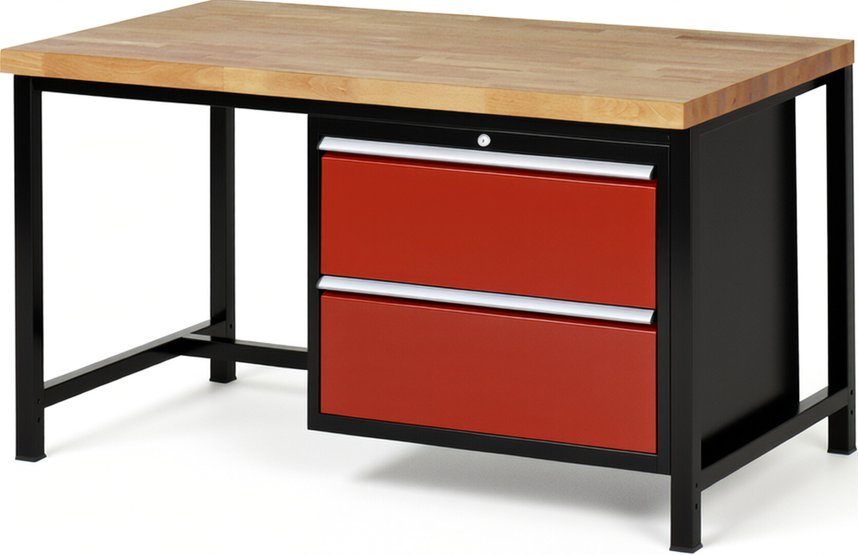 RAU Werkbank schwarz - rot - Breite 150 cm - Tiefe 90 cm - Höhe 104 cm - Buche-Massiv Arbeitsplatte 40 mm