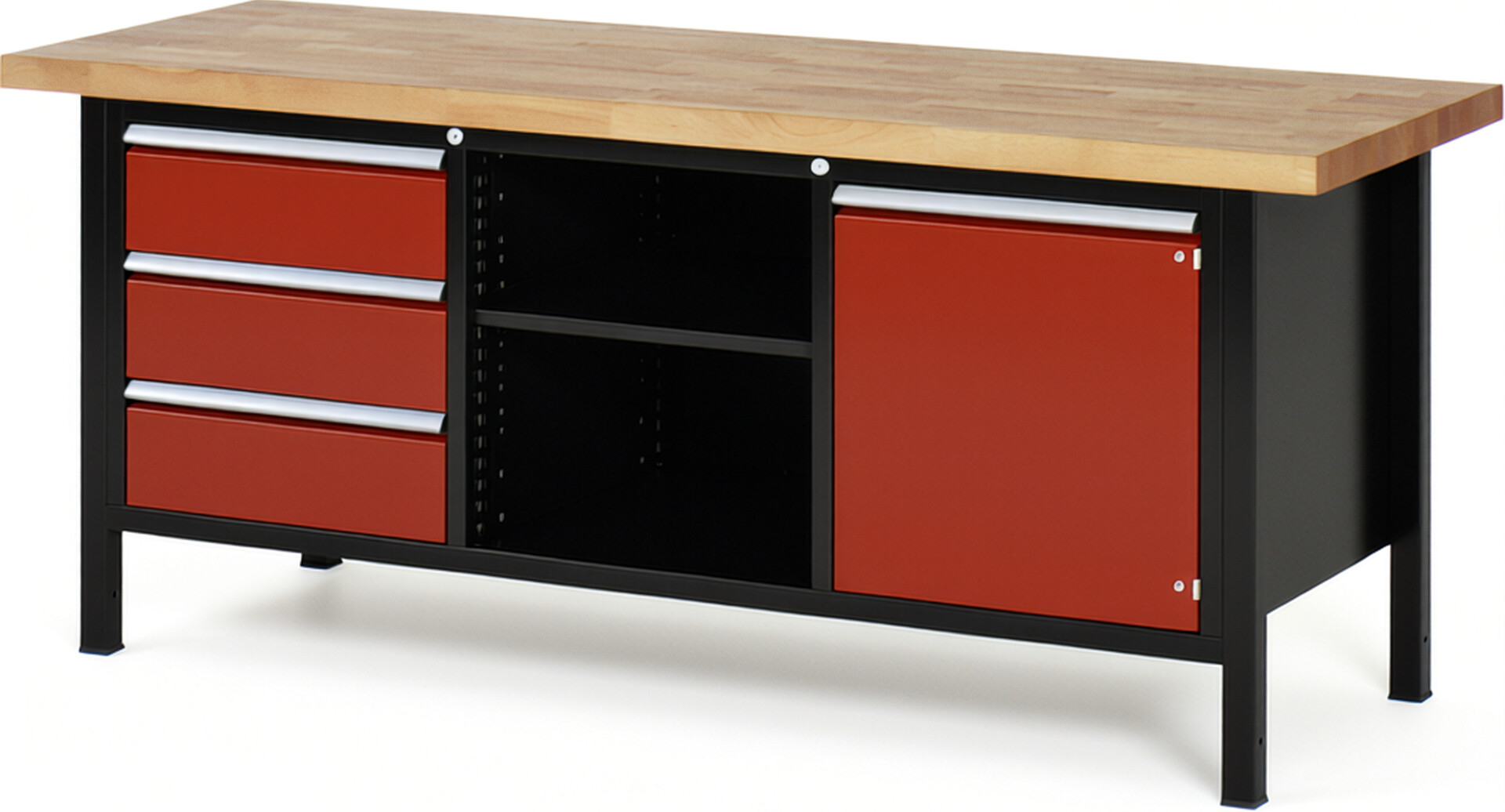 RAU Werkbank schwarz - rot - Breite 200 cm - Tiefe 70 cm - Höhe 104 cm - Buche-Massiv Arbeitsplatte 40 mm