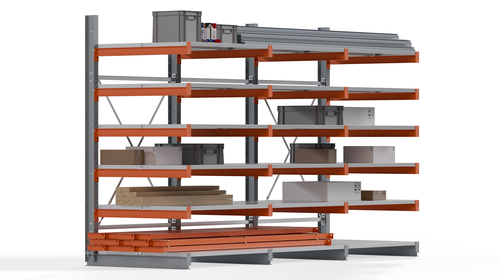 Kragarmregal KARL basic - lackiert - Breite: 384 cm - Höhe: 250 cm - Tiefe: 120 cm - Traglast je Kragarm: 370 kg - einseitig
