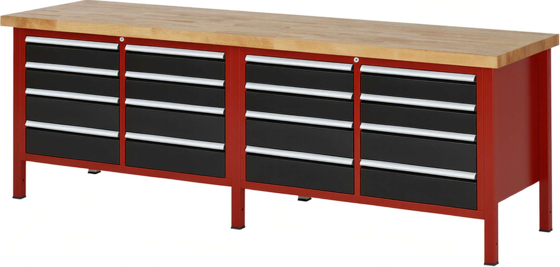 Werkbank Modell 8477 rot - schwarz, BxTxH 2500x700x840-1040 mm,  Buche-Massiv Arbeitsplatte 40 mm,  16 Schubladen mit  Auszug 90 %