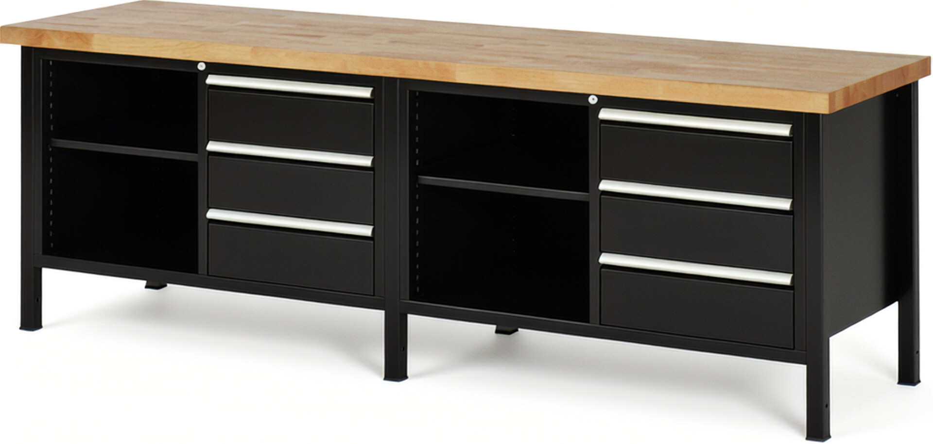 Werkbank Modell 8462 schwarz, BxTxH 2500x700x840-1040 mm,  Buche-Massiv Arbeitsplatte 40 mm,  6 Schubladen mit  Vollauszug 100 % und  SoftClosing