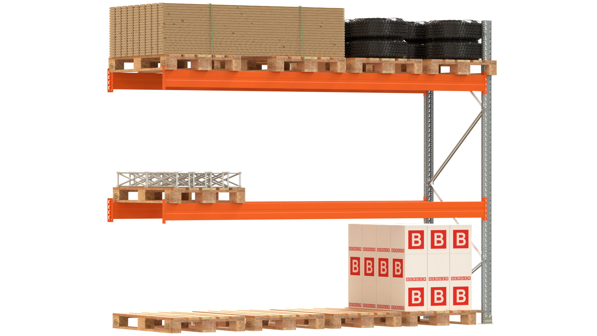 Palettenregal ARTUS - Anbaufeld - Breite 368,5 cm - Höhe 300 cm - Tiefe 110 cm - 2 Träger Ebenen