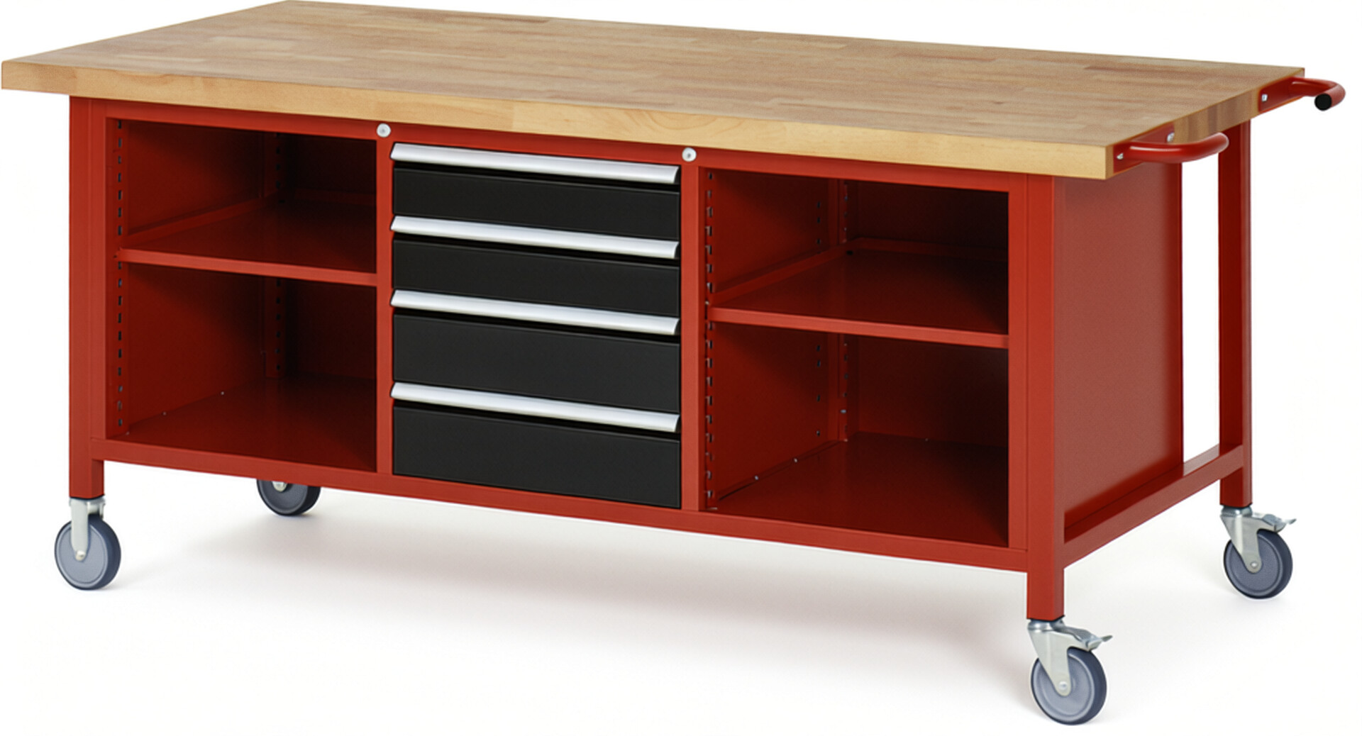 Fahrbare Werkbank Modell 8566 rot - schwarz, BxTxH 2000x900x880 mm,  Buche-Massiv Arbeitsplatte 40 mm,  4 Schubladen mit  Vollauszug 100 % und  SoftClosing