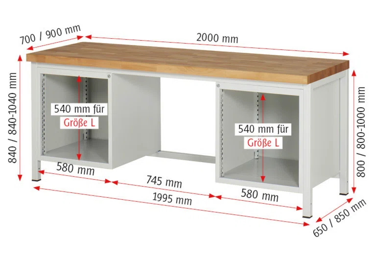 Werkbank Modell 8182 schwarz, BxTxH 2000x700x840-1040 mm,  Buche-Massiv Arbeitsplatte 40 mm,  8 Schubladen mit  Vollauszug 100 % und  SoftClosing