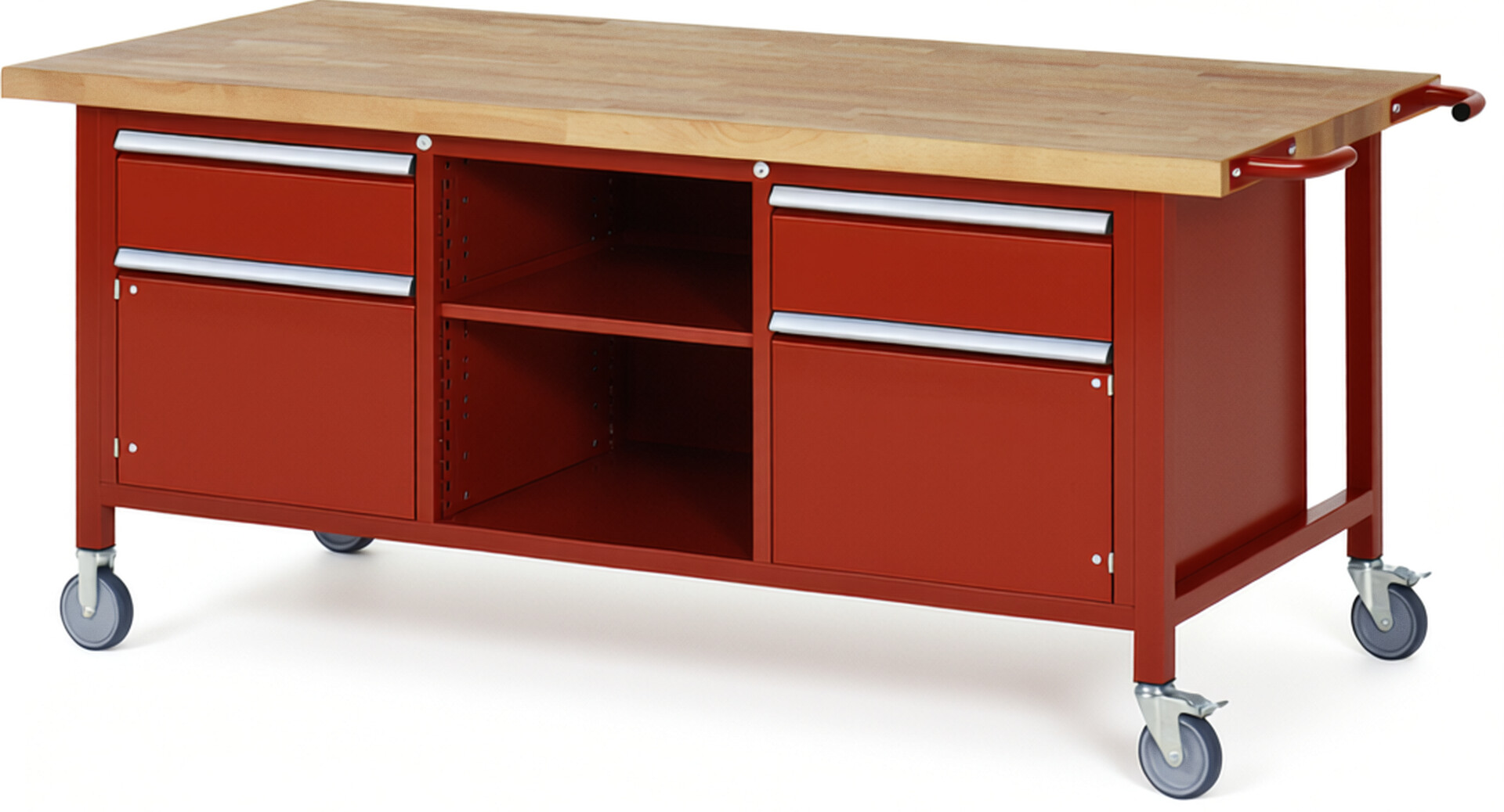 Fahrbare Werkbank Modell 8561 rot, BxTxH 2000x900x880-1080 mm,  Buche-Massiv Arbeitsplatte 40 mm,  2 Schubladen mit  Vollauszug 100 % und  SoftClosing