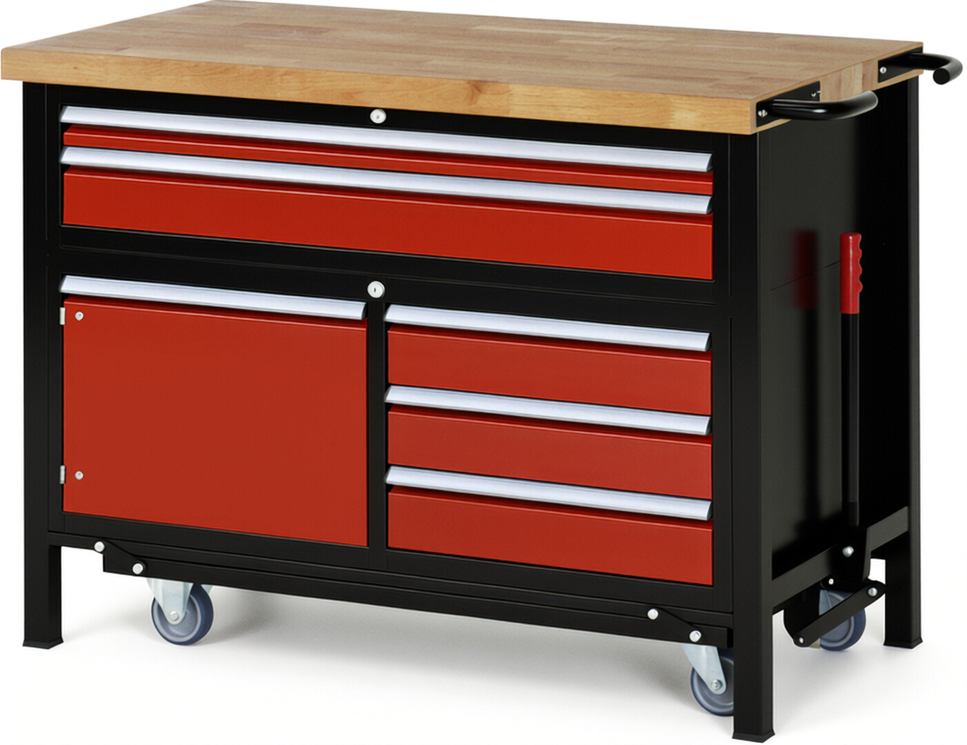 RAU Werkbank schwarz - rot - Breite 125 cm - Tiefe 70 cm - Höhe 92 cm - Buche-Massiv Arbeitsplatte 40 mm