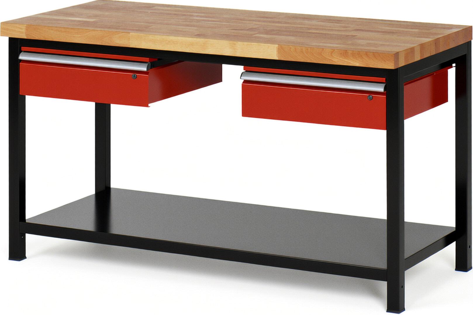 RAU Werkbank schwarz - rot - Breite 150 cm - Tiefe 70 cm - Höhe 104 cm - Buche-Massiv Arbeitsplatte 40 mm