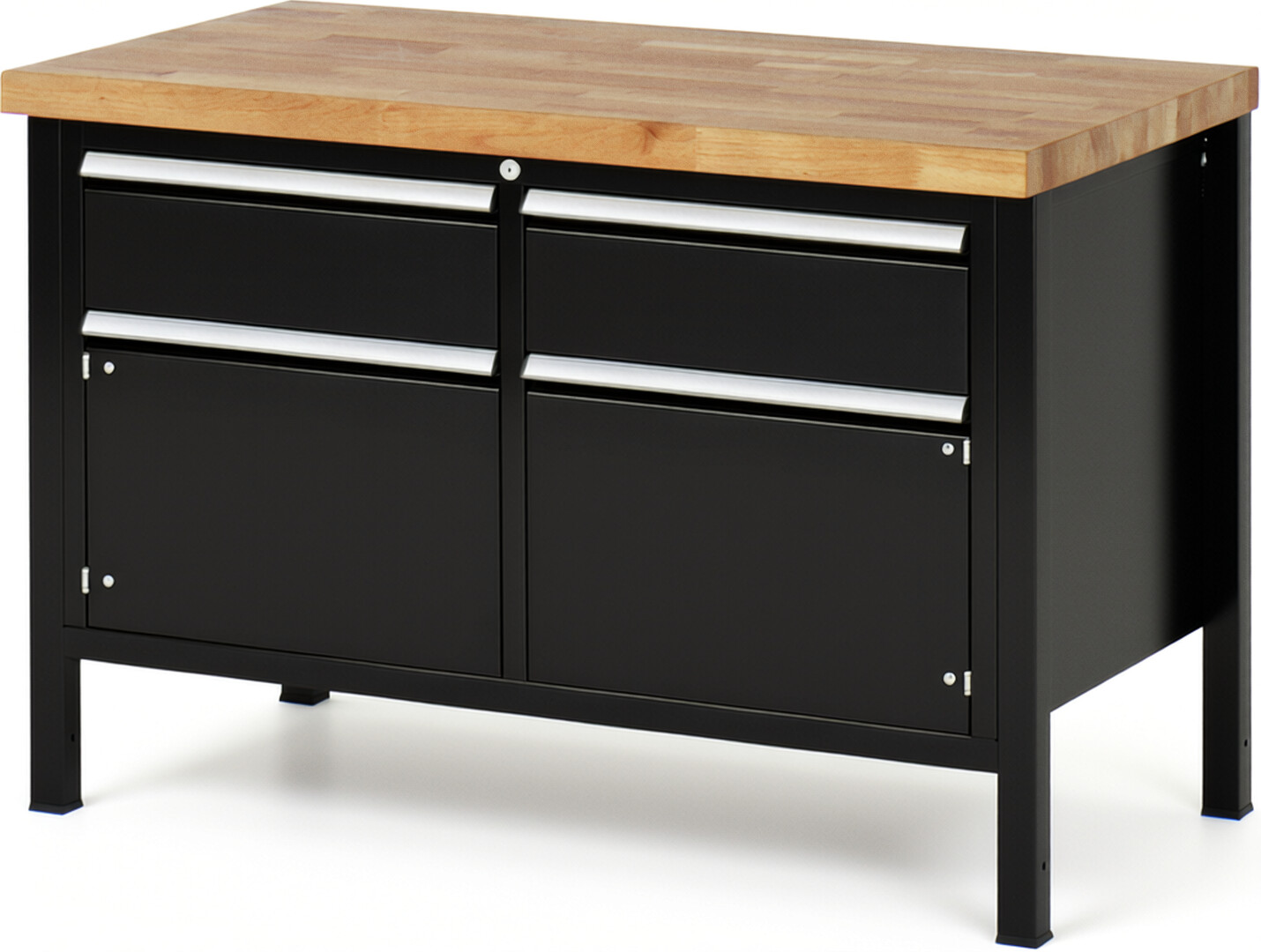 Werkbank Modell 8466 schwarz, BxTxH 1250x700x840 mm,  Buche-Massiv Arbeitsplatte 40 mm,  2 Schubladen mit  Vollauszug 100 % und  SoftClosing