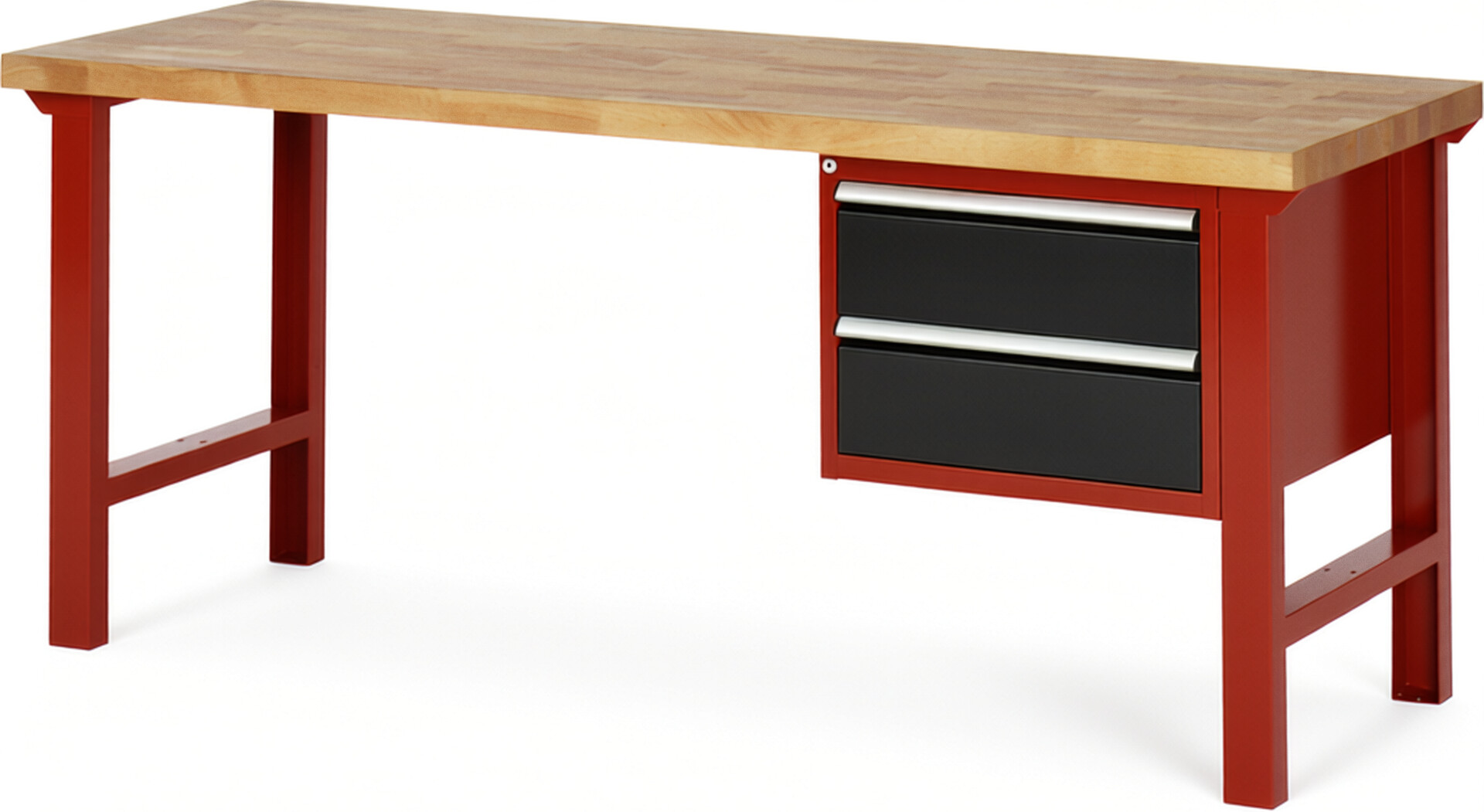 Werkbank Modell 7125 rot - schwarz, BxTxH 2000x700x840 mm,  Buche-Massiv Arbeitsplatte 40 mm,  2 Schubladen mit  Vollauszug 100 % und  SoftClosing