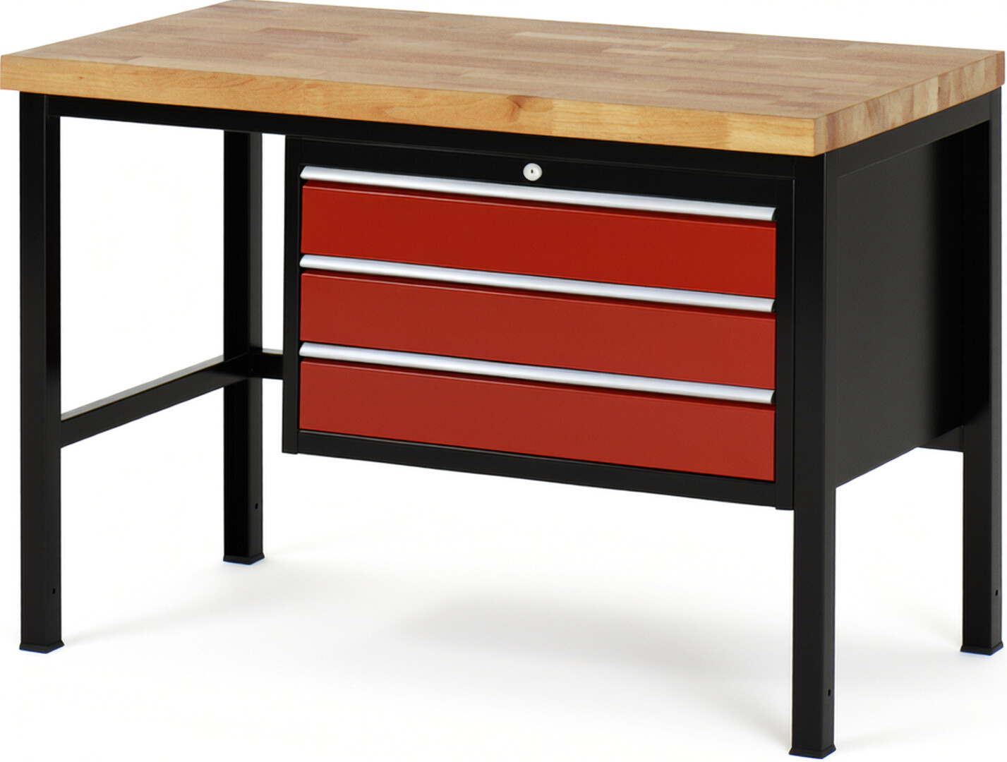 RAU Werkbank schwarz - rot - Breite 125 cm - Tiefe 70 cm - Höhe 104 cm - Buche-Massiv Arbeitsplatte 40 mm