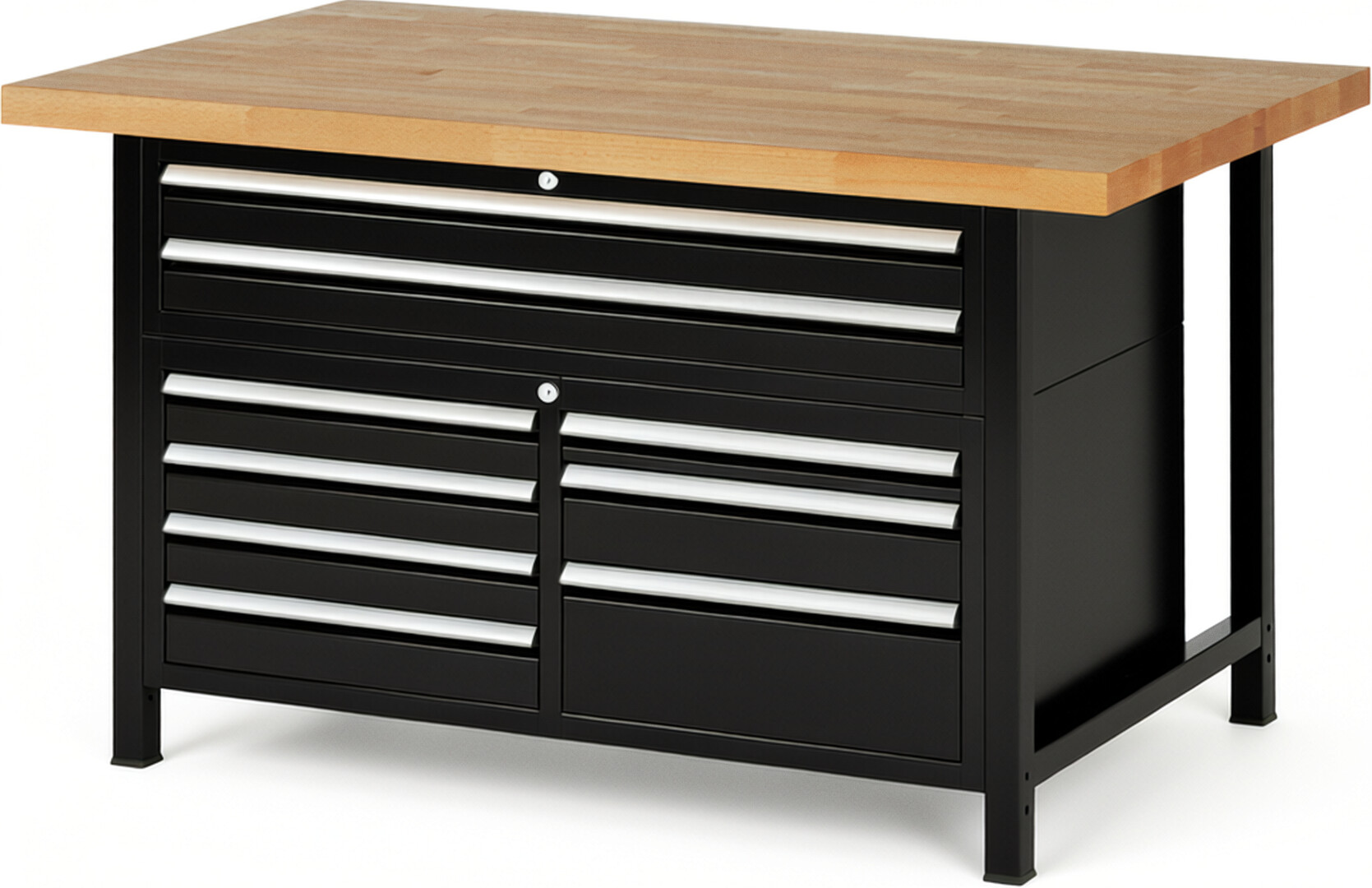 Werkbank Modell 8923 schwarz, BxTxH 1500x900x840-1040 mm,  Buche-Massiv Arbeitsplatte 40 mm,  9 Schubladen mit  Auszug 90 %