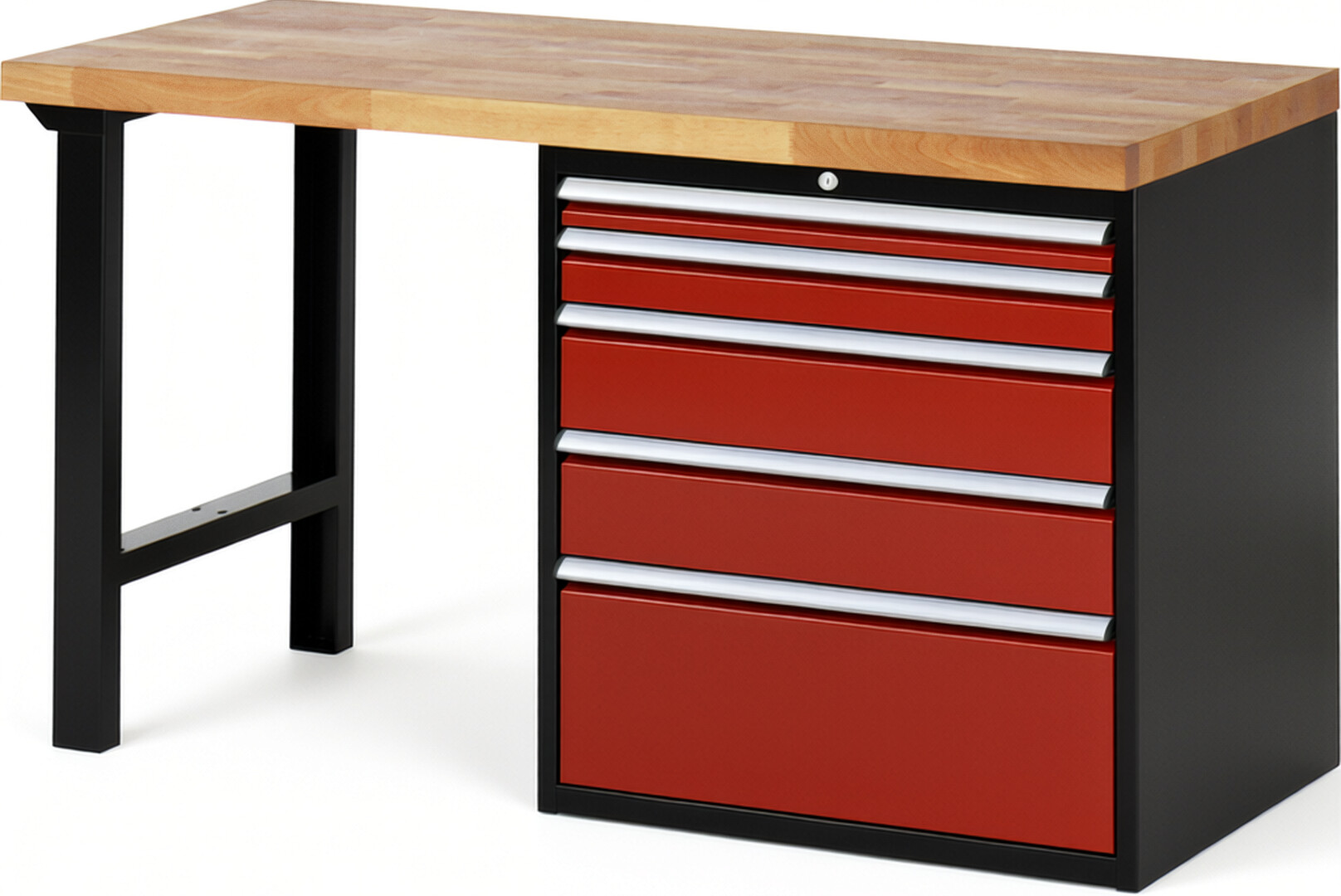 RAU Werkbank schwarz - rot - Breite 150 cm - Tiefe 70 cm - Höhe 84 cm - Buche-Massiv Arbeitsplatte 40 mm