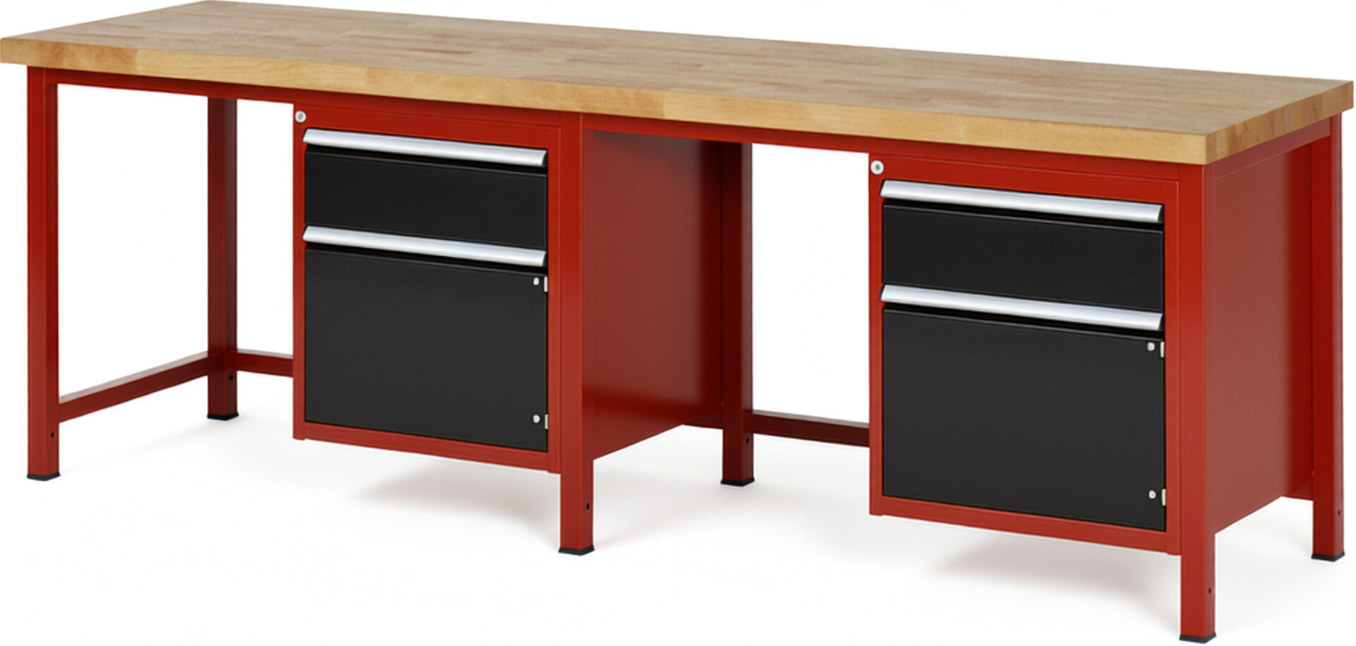 Werkbank Modell 8152 rot - schwarz, BxTxH 2500x700x840-1040 mm,  Buche-Massiv Arbeitsplatte 40 mm,  2 Schubladen mit  Auszug 90 %
