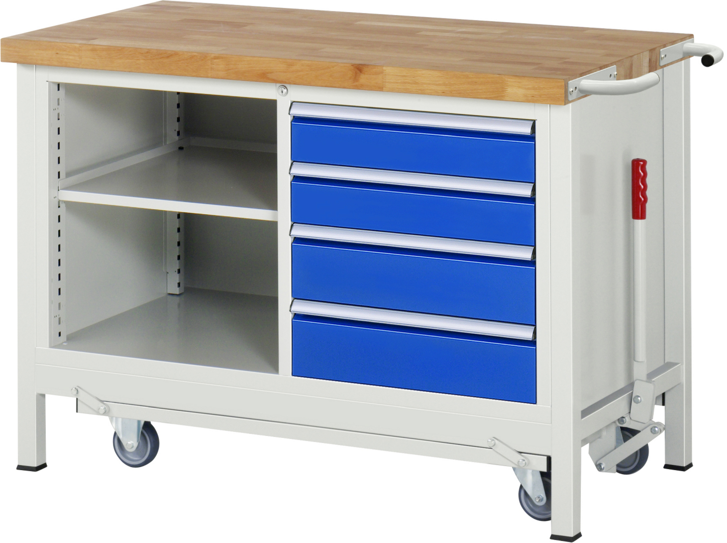 Absenkbare Werkbank Modell 8463 rot - schwarz, BxTxH 1250x700x880 mm,  Buche-Massiv Arbeitsplatte 40 mm,  4 Schubladen mit  Auszug 90 %