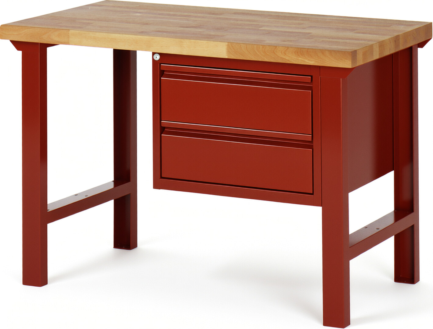 Werkbank rot, Breite 125 cm, Tiefe 70 cm, Höhe 84 cm, 2 Schublade(n), Platte: Buche-Massiv-Arbeitsplatte