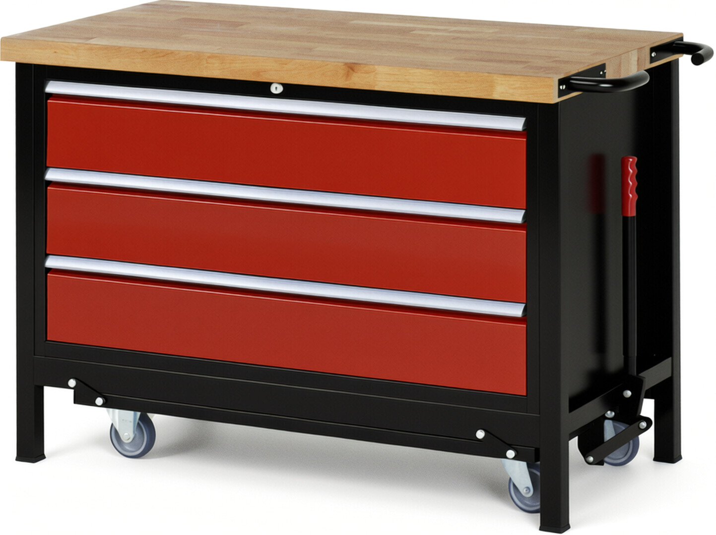 RAU Werkbank schwarz - rot - Breite 125 cm - Tiefe 70 cm - Höhe 88 cm - Buche-Massiv Arbeitsplatte 40 mm