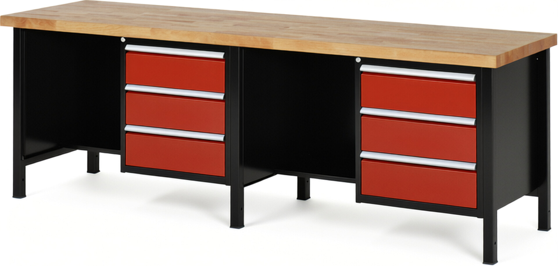 RAU Werkbank schwarz - rot - Breite 250 cm - Tiefe 70 cm - Höhe 104 cm - Buche-Massiv Arbeitsplatte 40 mm