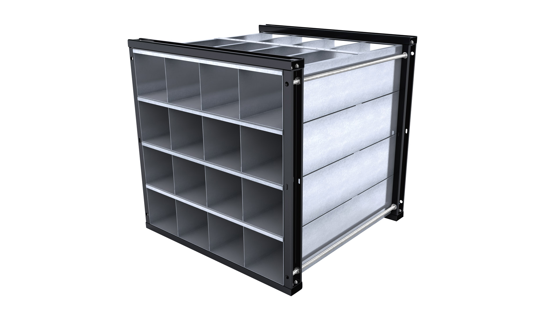 Wabenregal, BxTxH 1000x1000x1000 mm, inkl. 16 Wannen, 4x4 Fächer, Waben BxH 225x207 mm, Wannen verzinkt, Rahmen RAL 7016 anthrazitgrau