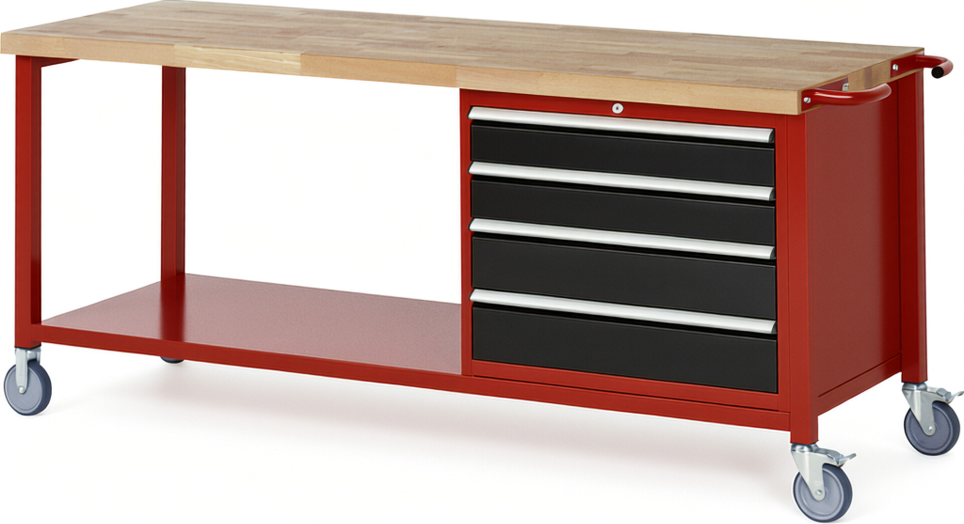 Fahrbare Werkbank Modell 8262 rot - schwarz, BxTxH 2000x700x880 mm,  Buche-Massiv Arbeitsplatte 40 mm,  4 Schubladen mit  Vollauszug 100 % und  SoftClosing