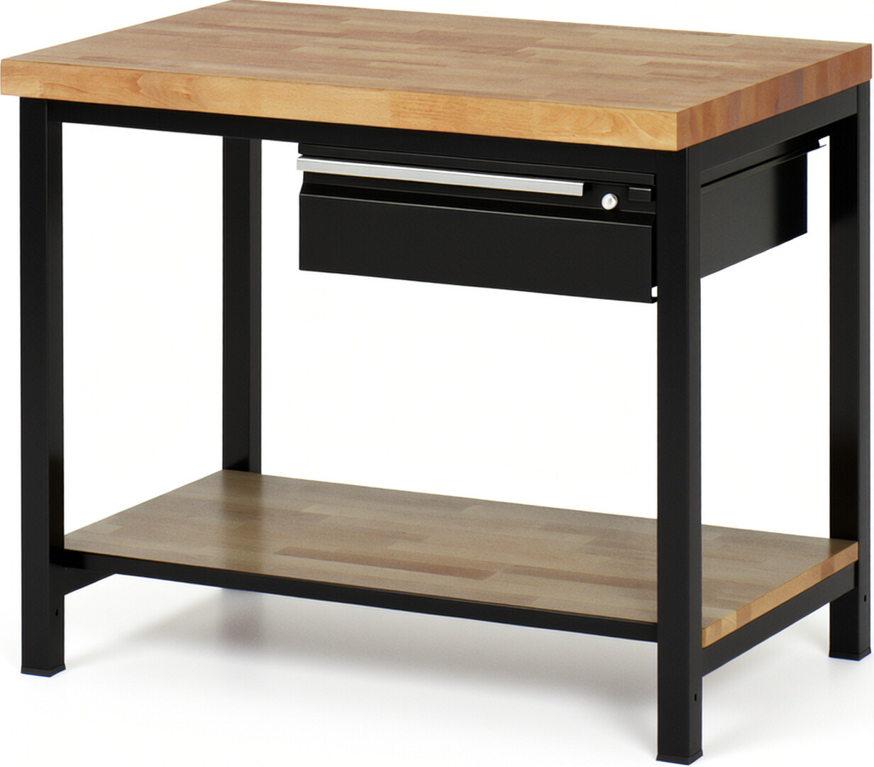 Werkbank - Modell 8001 BASIC schwarz, BxTxH 1000x700x840-1040 mm,  Buche-Massiv Arbeitsplatte 40 mm,  1 Schublade mit  Auszug 90 %