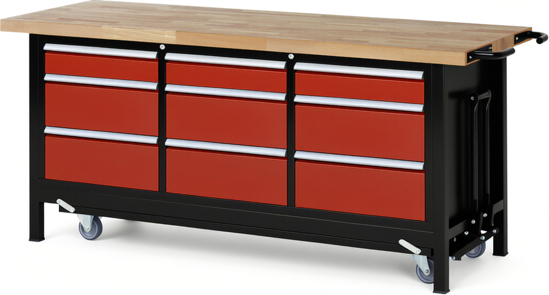 RAU Werkbank schwarz - rot - Breite 200 cm - Tiefe 70 cm - Höhe 88 cm - Buche-Massiv Arbeitsplatte 40 mm