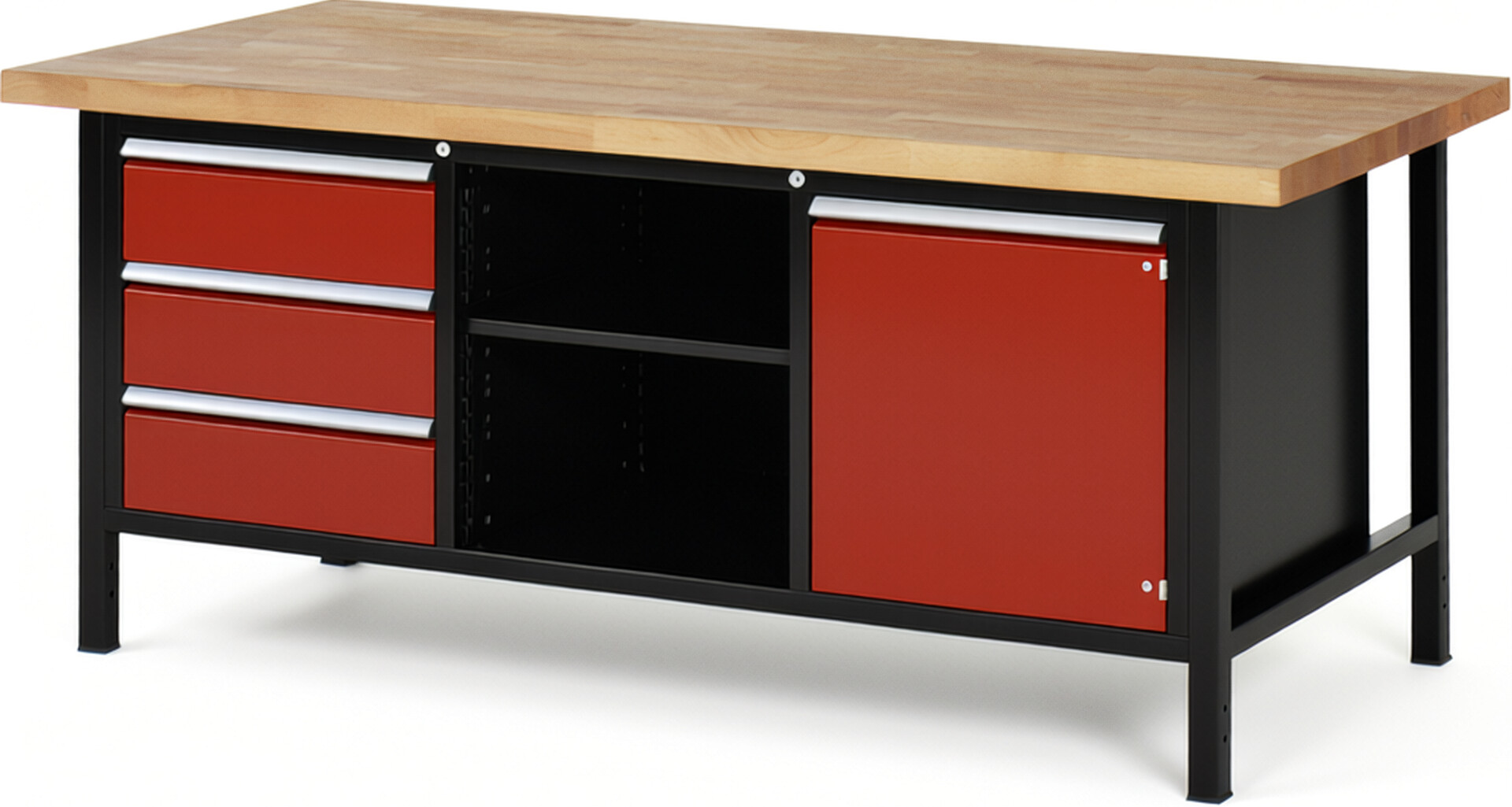 RAU Werkbank schwarz - rot - Breite 200 cm - Tiefe 90 cm - Höhe 104 cm - Buche-Massiv Arbeitsplatte 40 mm