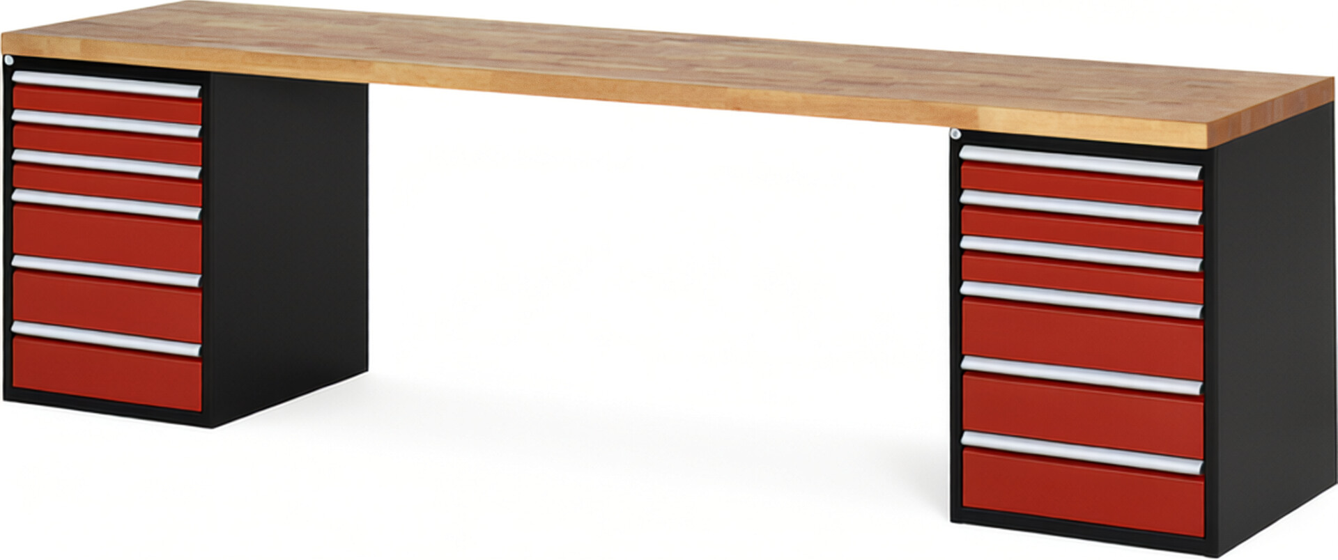 RAU Werkbank schwarz - rot - Breite 300 cm - Tiefe 70 cm - Höhe 84 cm - Buche-Massiv Arbeitsplatte 40 mm