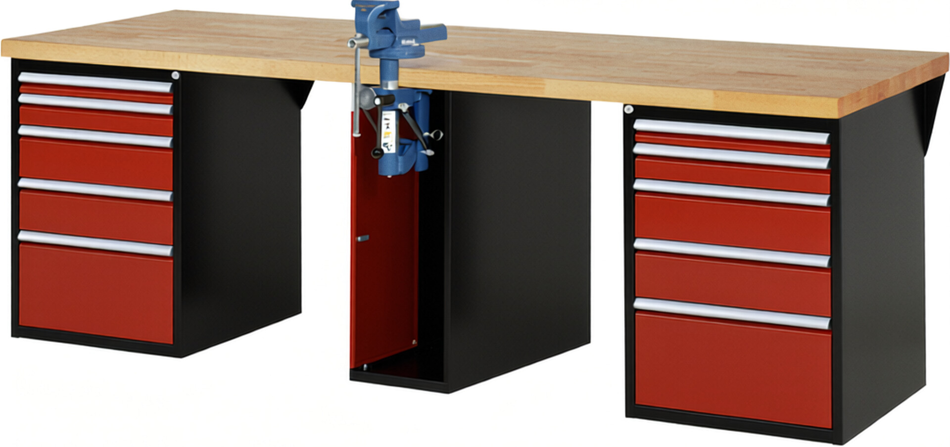 RAU Werkbank schwarz - rot - Breite 250 cm - Tiefe 90 cm - Höhe 89 cm - Buche-Massiv Arbeitsplatte 40 mm