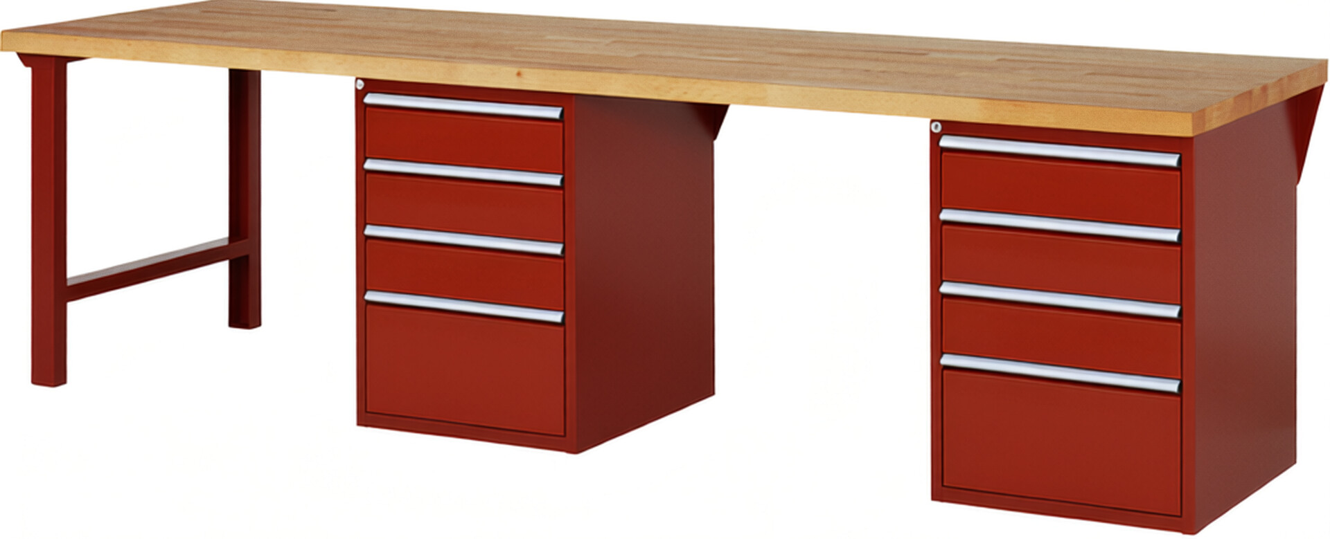 Werkbank Modell 7510 rot, BxTxH 3000x900x890 mm,  Buche-Massiv Arbeitsplatte 40 mm,  8 Schubladen mit  Vollauszug 100 % und  SoftClosing