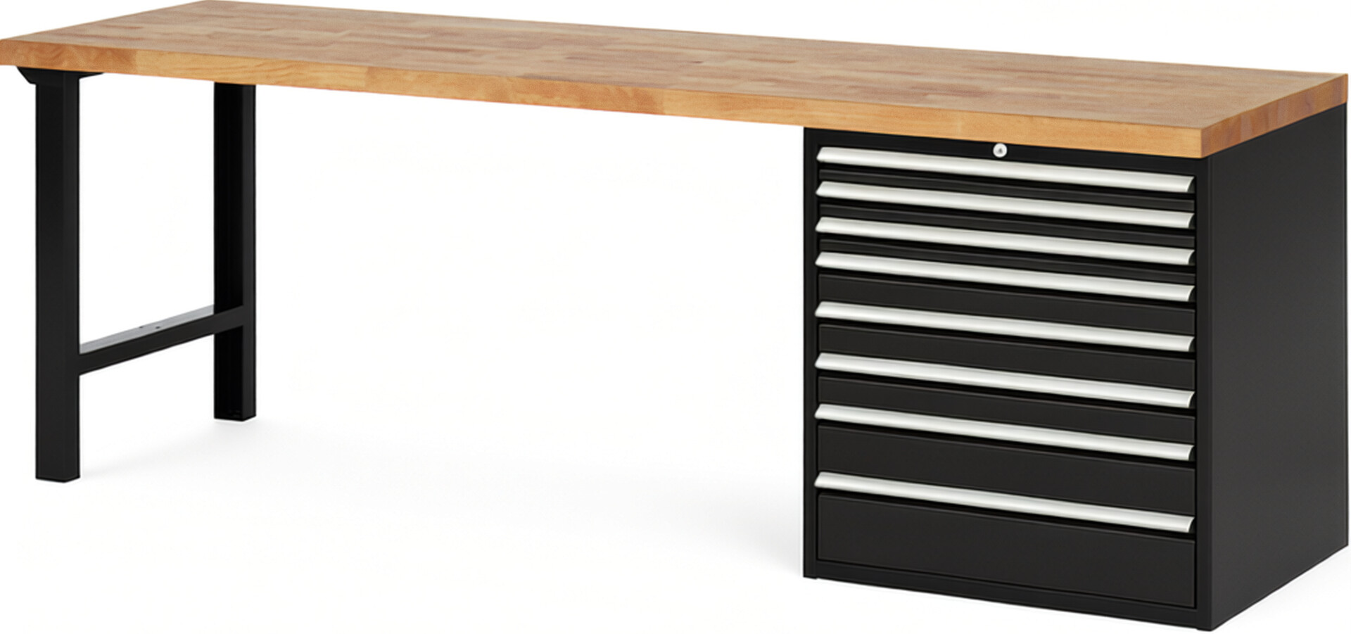 RAU Werkbank schwarz - Breite 250 cm - Tiefe 70 cm - Höhe 84 cm - Buche-Massiv Arbeitsplatte 40 mm