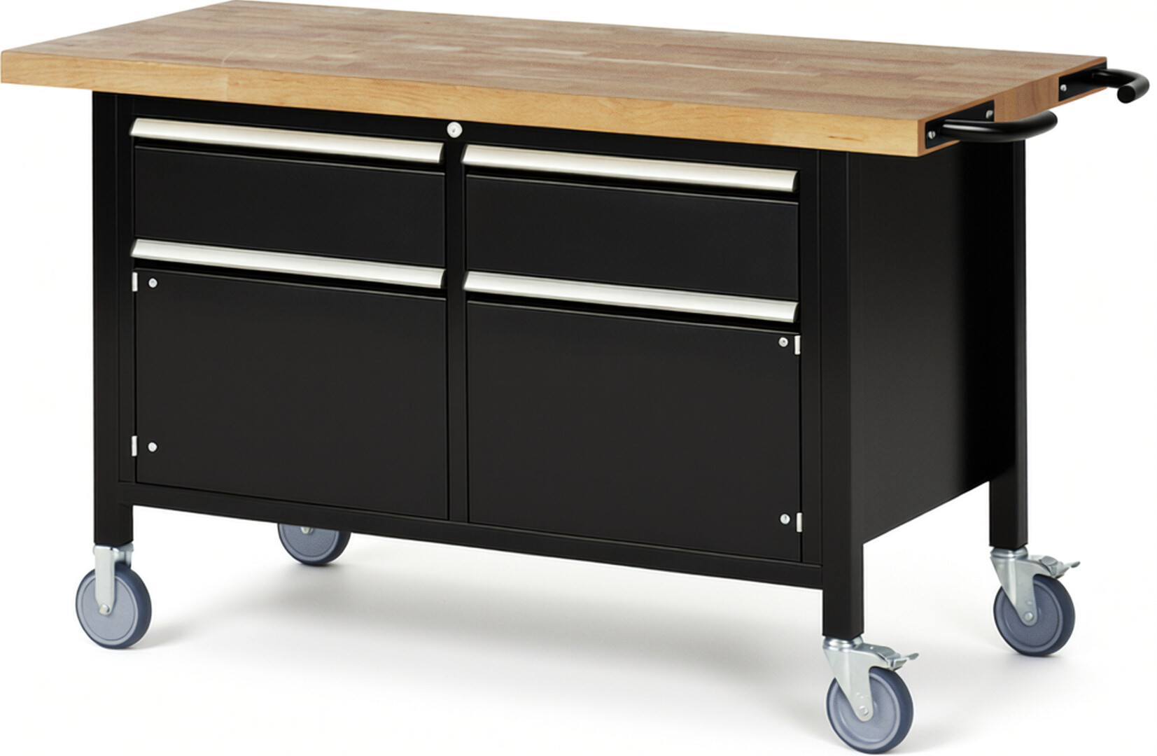 Fahrbare Werkbank Modell 8466 schwarz, BxTxH 1500x700x880 mm,  Buche-Massiv Arbeitsplatte 40 mm,  2 Schubladen mit  Vollauszug 100 % und  SoftClosing