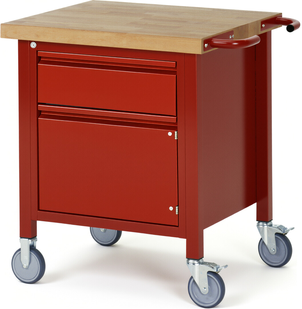 Fahrbare Werkbank - Modell 8002 BASIC rot, BxTxH 750x700x880 mm,  Buche-Massiv Arbeitsplatte 40 mm,  1 Schublade mit  Auszug 90 %