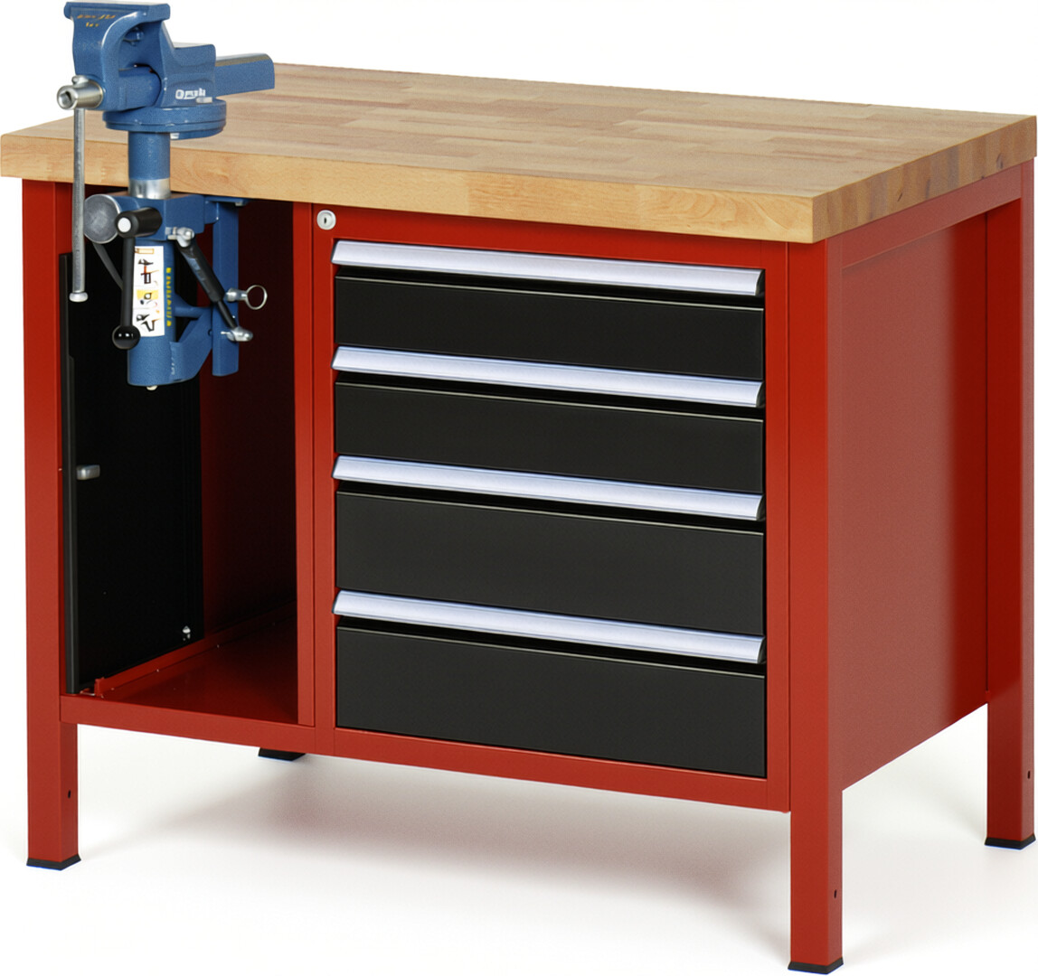 Werkbank Modell 8185 rot - schwarz, BxTxH 1000x700x840-1040 mm,  Buche-Massiv Arbeitsplatte 40 mm,  4 Schubladen mit  Vollauszug 100 % und  SoftClosing