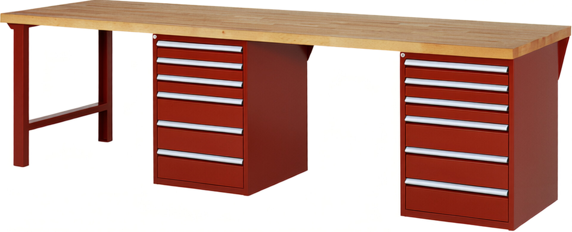 Werkbank Modell 7515 rot, BxTxH 3000x900x890 mm,  Buche-Massiv Arbeitsplatte 40 mm,  12 Schubladen mit  Vollauszug 100 % und  SoftClosing