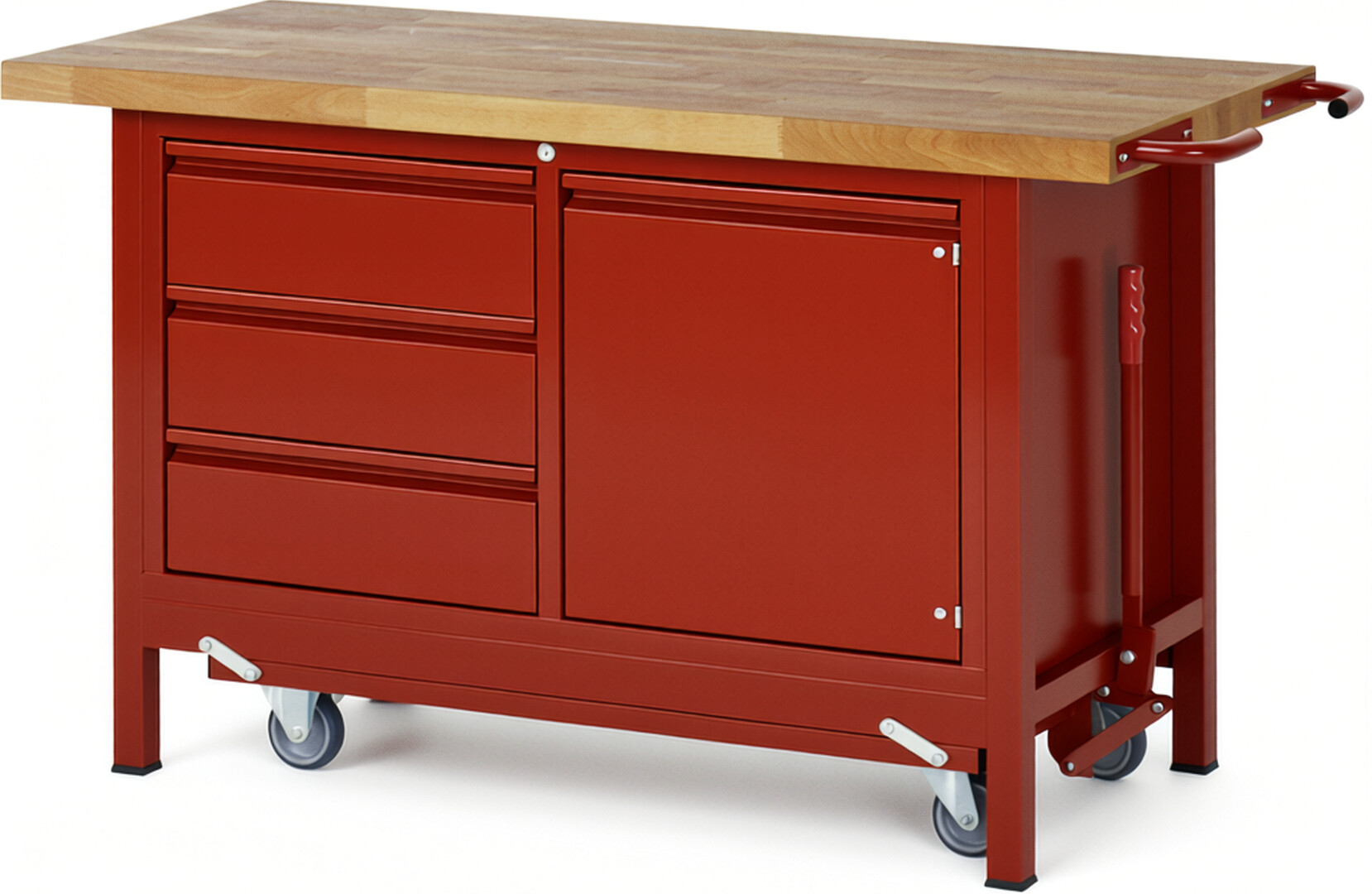 Absenkbare Werkbank - Modell 8468 BASIC rot, BxTxH 1500x700x880 mm,  Buche-Massiv Arbeitsplatte 40 mm,  3 Schubladen mit  Auszug 90 %