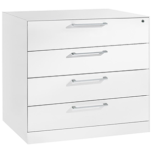 Schubladenschrank, Karteischrank, BxTxH 800x600x698 mm, DIN A6, vierbahnig, 4 Schubladen, Bügelgriff, RAL 9010 reinweiß