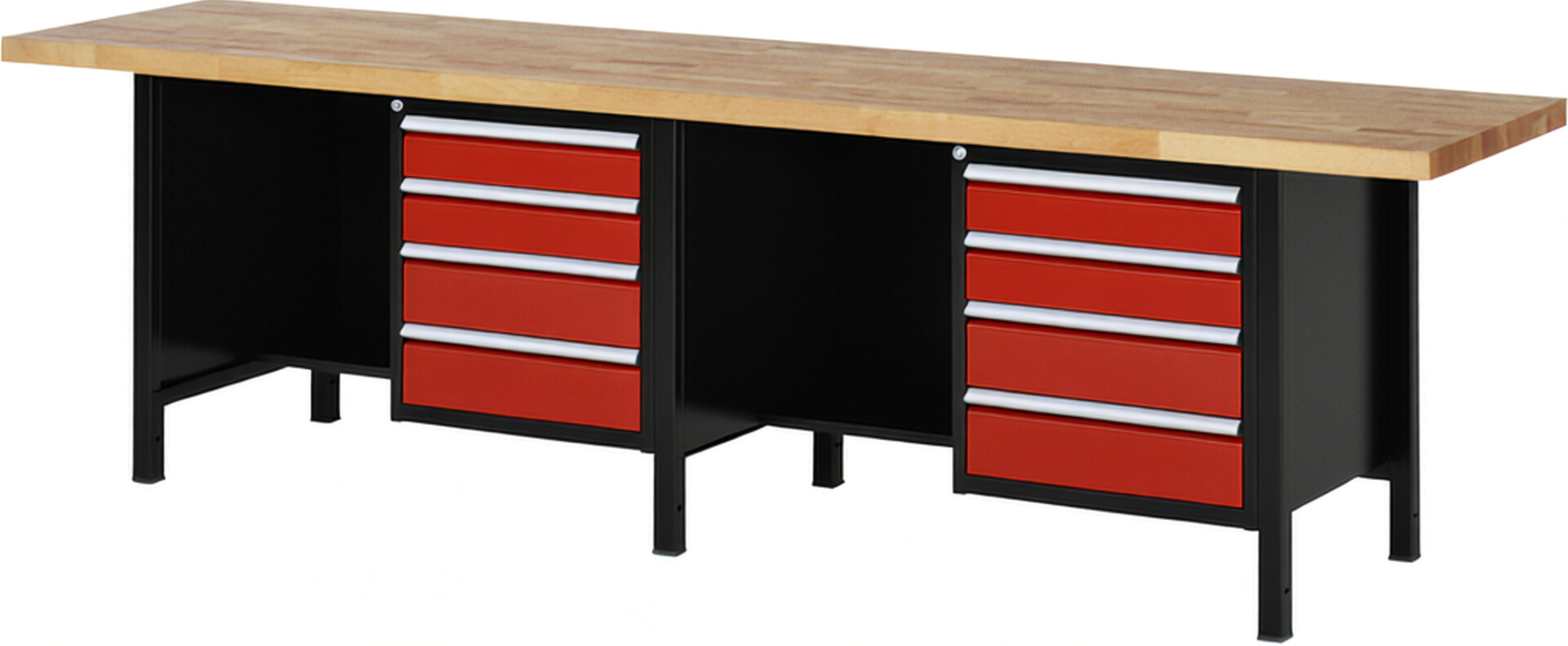 RAU Werkbank schwarz - rot - Breite 300 cm - Tiefe 70 cm - Höhe 104 cm - Buche-Massiv Arbeitsplatte 40 mm