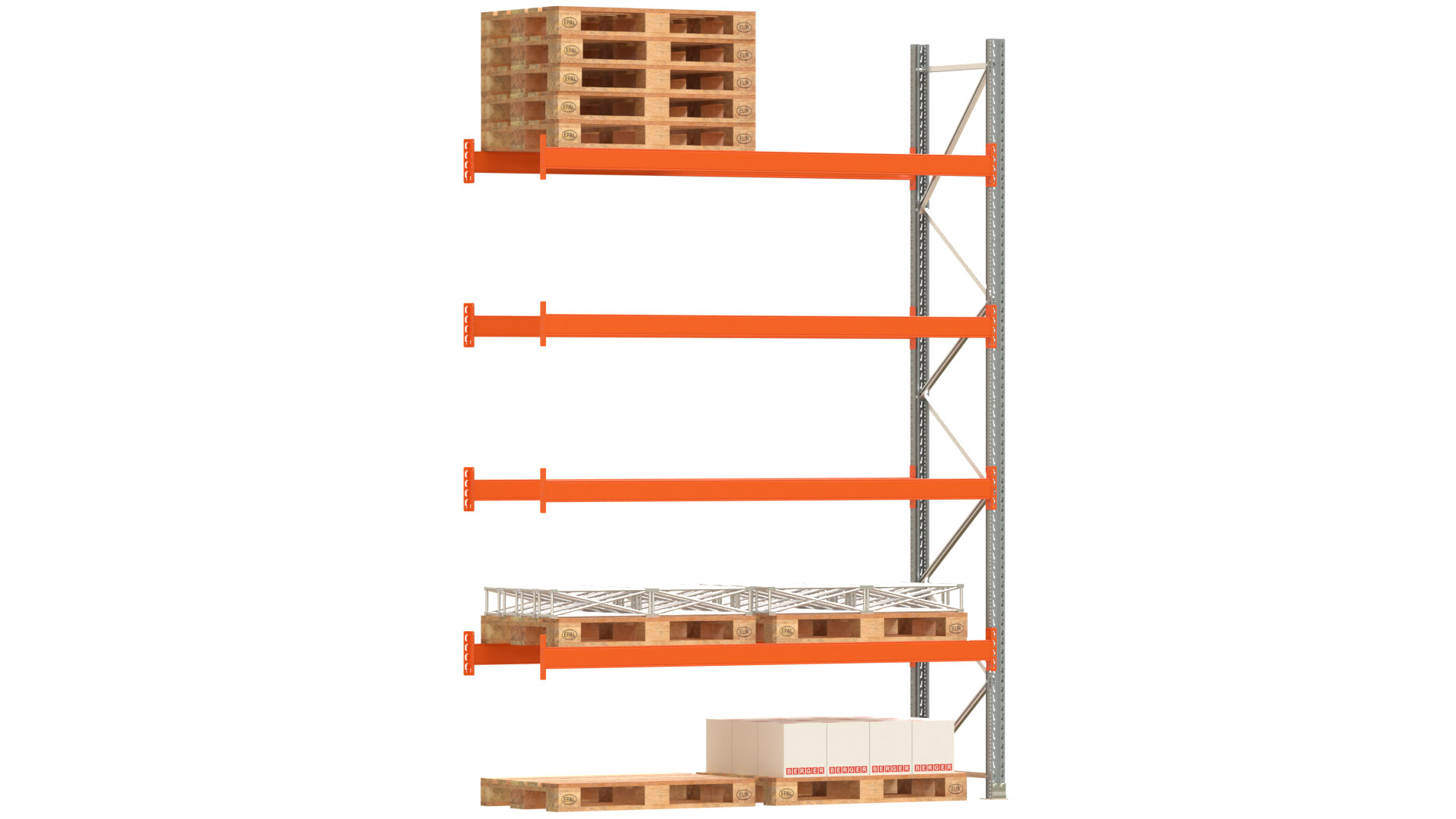 Palettenregal ARTUS - Anbaufeld - Breite 278,5 cm - Höhe 400 cm - Tiefe 80 cm - 4 Träger Ebenen