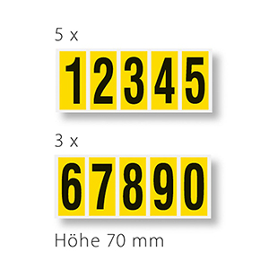 Ziffern 0-9, selbstklebend, Schrifthöhe 70 mm, VE 200 Etiketten mit 24x1-5 und 16x6-0, Schrift schwarz, Etikett gelb