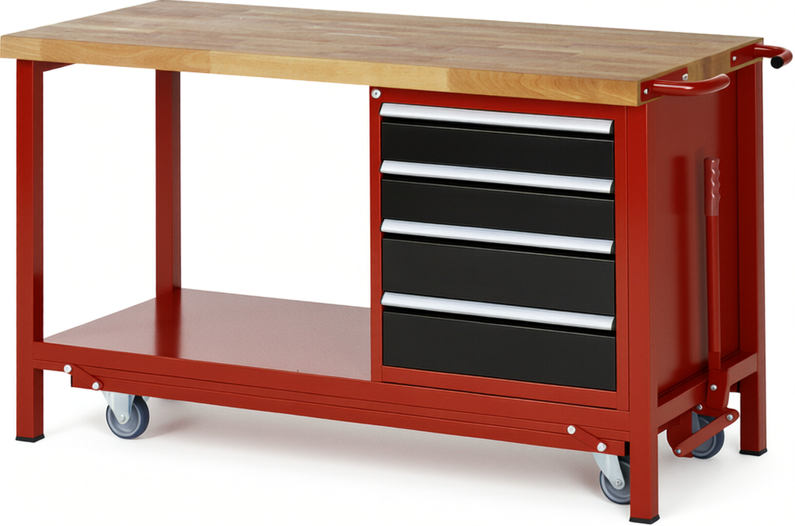 Absenkbare Werkbank Modell 8162 rot - schwarz, BxTxH 1500x700x880 mm,  Buche-Massiv Arbeitsplatte 40 mm,  4 Schubladen mit  Auszug 90 %