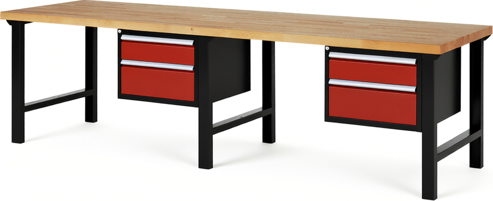 RAU Werkbank schwarz - rot - Breite 300 cm - Tiefe 90 cm - Höhe 84 cm - Buche-Massiv Arbeitsplatte 40 mm