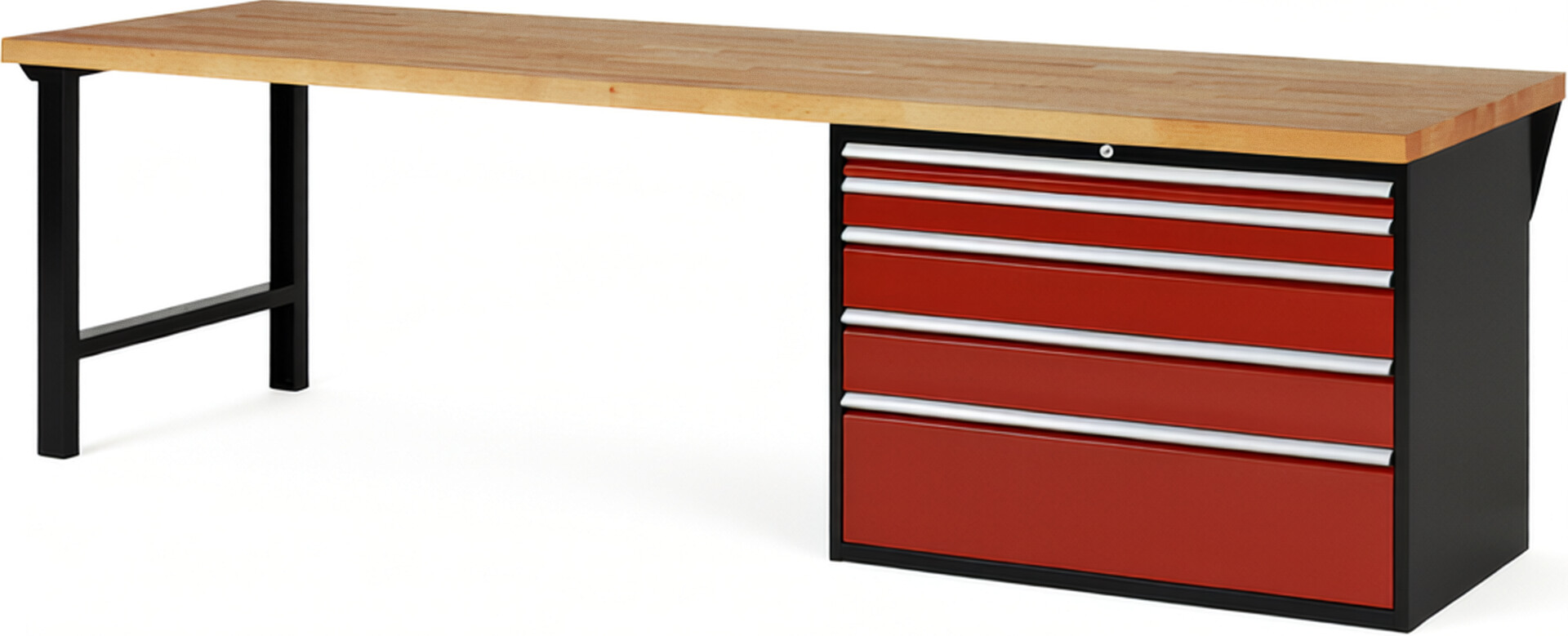 RAU Werkbank schwarz - rot - Breite 300 cm - Tiefe 90 cm - Höhe 89 cm - Buche-Massiv Arbeitsplatte 40 mm