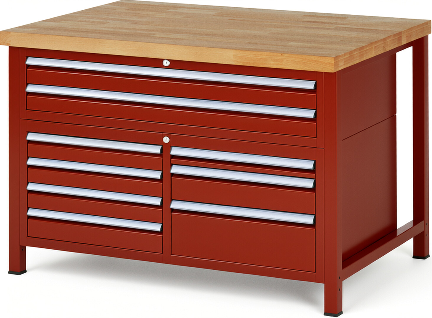 Werkbank Modell 8923 rot, BxTxH 1250x900x840-1040 mm,  Buche-Massiv Arbeitsplatte 40 mm,  9 Schubladen mit  Vollauszug 100 % und  SoftClosing