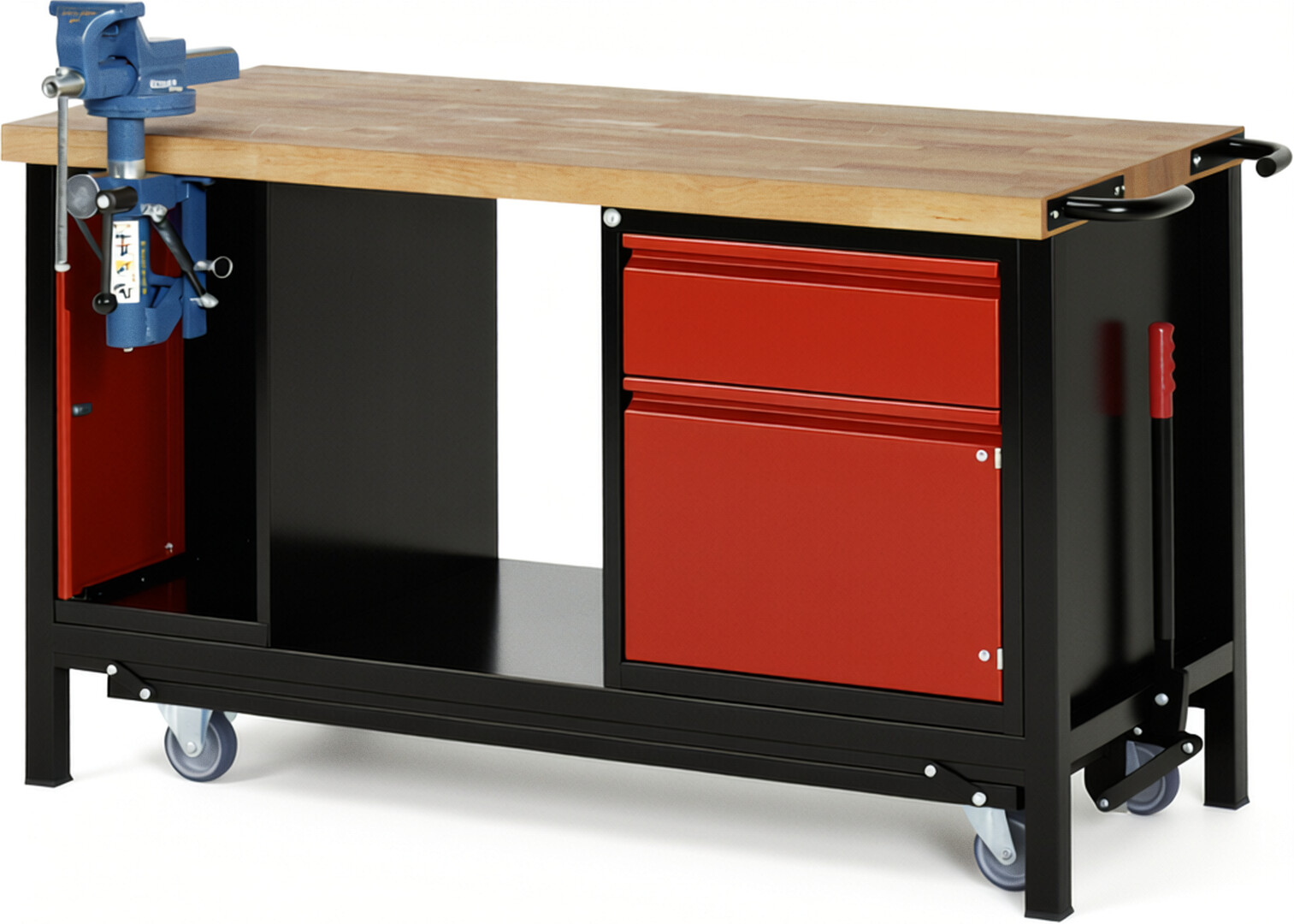 RAU Werkbank schwarz - rot - Breite 150 cm - Tiefe 70 cm - Höhe 88 cm - Buche-Massiv Arbeitsplatte 40 mm