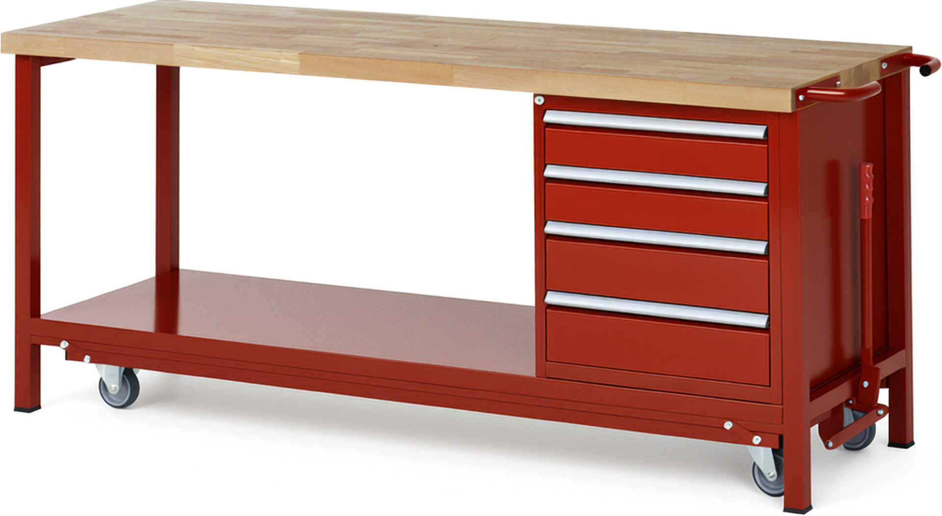 Absenkbare Werkbank Modell 8162 rot, BxTxH 2000x700x880 mm,  Buche-Massiv Arbeitsplatte 40 mm,  4 Schubladen mit  Vollauszug 100 % und  SoftClosing