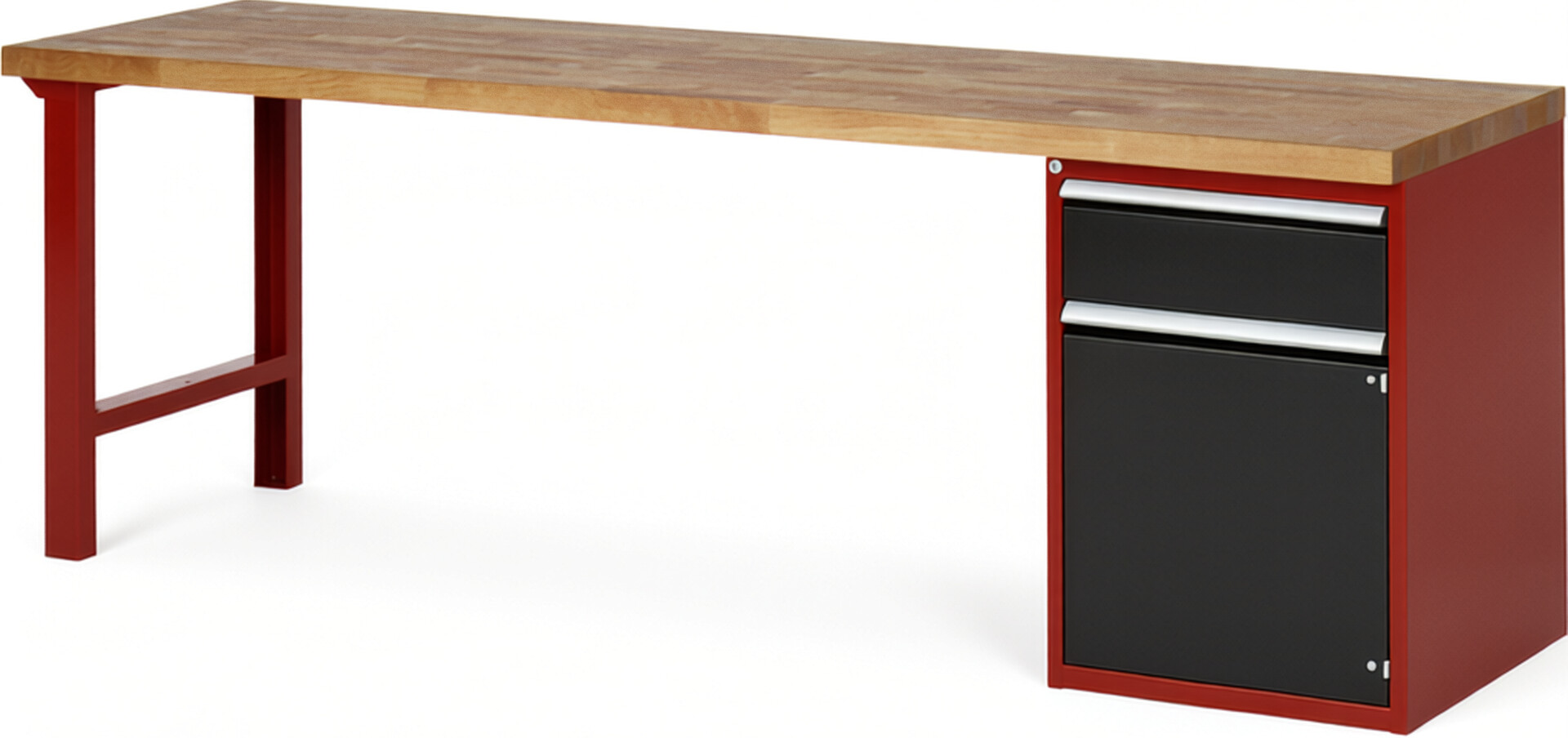 Werkbank Modell 7502 rot - schwarz, BxTxH 2500x700x840 mm,  Buche-Massiv Arbeitsplatte 40 mm,  1 Schublade mit  Vollauszug 100 % und  SoftClosing